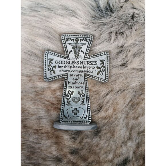 Camco Metal Cross Figurine "God Bless Nurses" With Inspirational Message & Stand - Picture 2 of 5